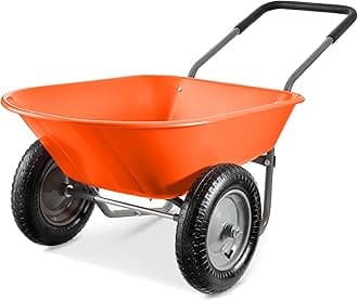 Dual-Wheel Home Utility Yard Wheelbarrow Garden Cart w/Built-in Stand for Lawn, Gardening, Construction - Orange