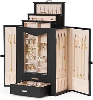 Homde Jewelry Organizer with Transparent Window Necklace Hooks Gift for Women Jewelry Box Display Case for Necklaces Rings Earrings Bracelets and Other Jewelry Accessories (Black + Gold)