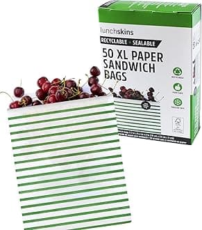 LunchSkins RB-50-QUART-STRIPE Sealable Paper Quart Bags, Stripe, 50 Count Box, Green