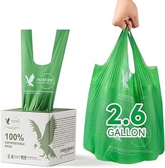 HAIDER Compostable & Eco-Friendly Kitchen Trash Bags - 2.6 Gallon Handle Tie Garbage Bags (100 Count, 1 Pack) Certified by BPI and OK Compost, ASTM D6400 Standards