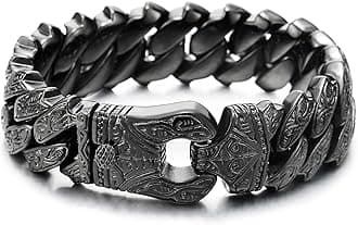 Mens Steel Vintage Fancy Curb Chain Bracelet with Tribal Tattoo Pattern, Retro Style, Masculine