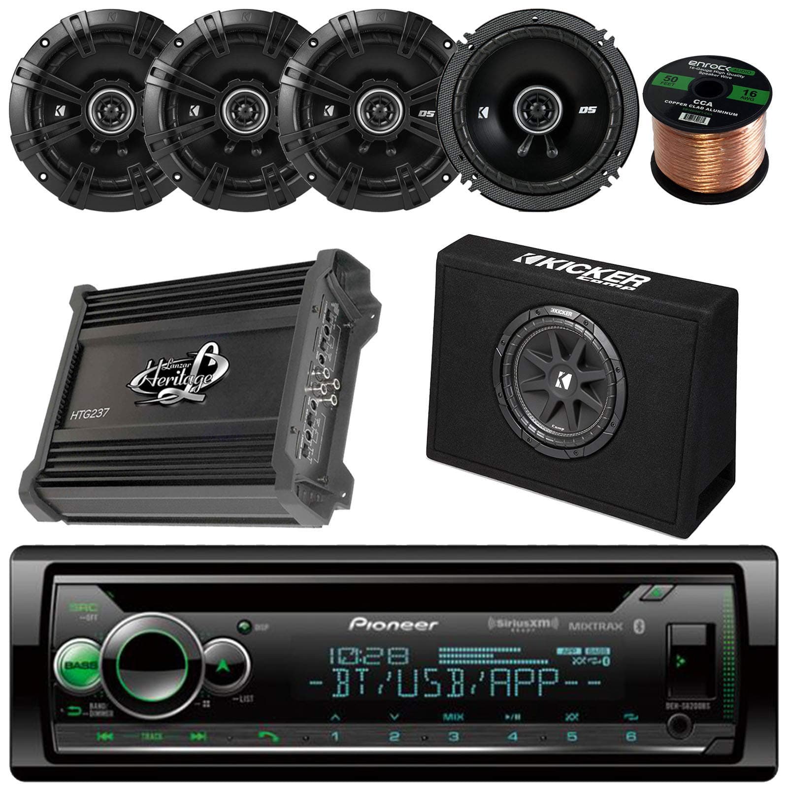Pioneer Bluetooth CD Player Receiver Bundle Combo with Kicker 10" Inch 300W Audio Subwoofer + 4X Kicker DSC6504 6.5" Coaxial Speakers + Lanzar 1000W Stereo Amplifier + Enrock 50Ft 16g Speaker Wire