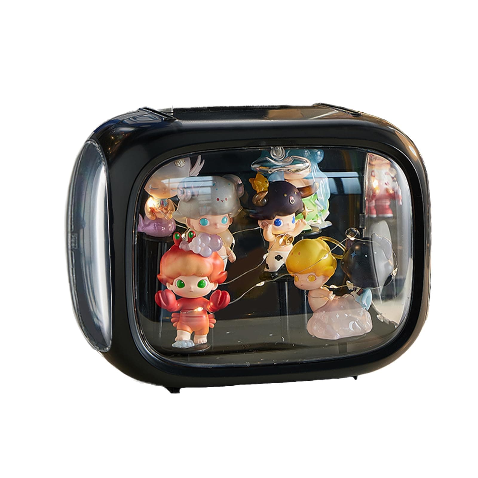 WMM Display case for Figures with Light Adjustable Display Stand Clear Acrylic Display Box with Door Dust and Moisture Proof Suitable for Lego Collectibles Action Figures Pop Mart (Black)