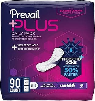 Prevail Plus | Long Length Incontinence Bladder Control Pads | Ultimate Absorbency | 90 Count (2 packs or 45)