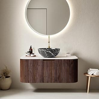 36" Floating Bathroom Vanity with Sink, Wall Mounted Modern Bathroom Cabinet with Ultra-Thin Ceramic Black Basin and Marble Top, Large Storage Drawer, Soft-Close Design, Dark Walnut