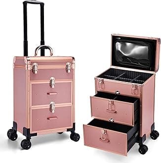 AdazzoProfessional Rolling Makeup Train Case with Drawers, Large Cosmetic Trolley with Locks, Cosmetics Storage Organizer Make up Case for Travel Makeup/Nail Art/Hair Styling, Matte Gold, Rose Gold