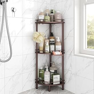 Corner Shower Caddy Standing, 3 Tier Rustproof Metal Shower Organizer with Soap Holder, Floor Shower Corner Shelf Rack Storage Stands with Adjustable Feet & 2 Hooks for Bathroom, Bronze