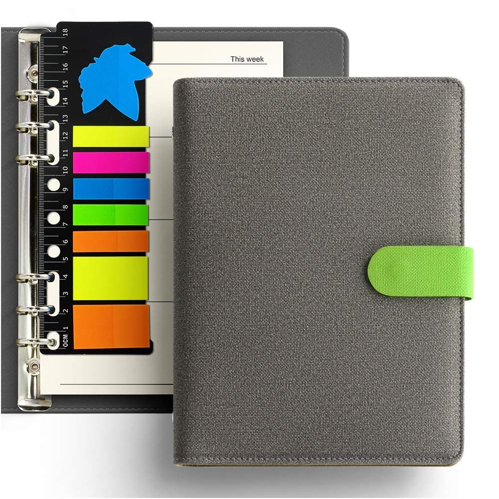 KKDragon Notebook A5 Hardback Notebook + Sticky Memo Notes + Week Plan and Ruled Lines Ivory White Colored Paper, 6 Hole Ring Binder Cloth Texture PU, Contrast Color Design, 80 Sheets/160 Pages