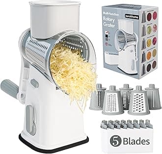 Rotary Cheese Grater Cheese Shredder, Mandoline Vegetable Slicer with 5 Interchangeable Blades and Strong Suction Base for Fruit, Vegetables, Nuts White