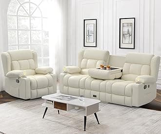 Loveseat Recliner Sofa Set, Flip Middle Backrest Design PU Leather 3 Seater Reclining Sofa and Single Oversized Recliner Chair, Manual Couches for Living Room (Ivory, PU 3+1)