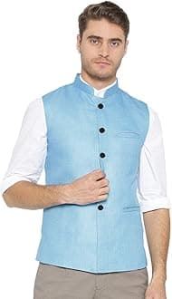 Vastraa Fusion Men Cotton-Blended Export-Quality Indian Traditional Nehru Jacket/Modi Ethnic Waistcoat (Light Sky Blue, Size 44 / XXL)