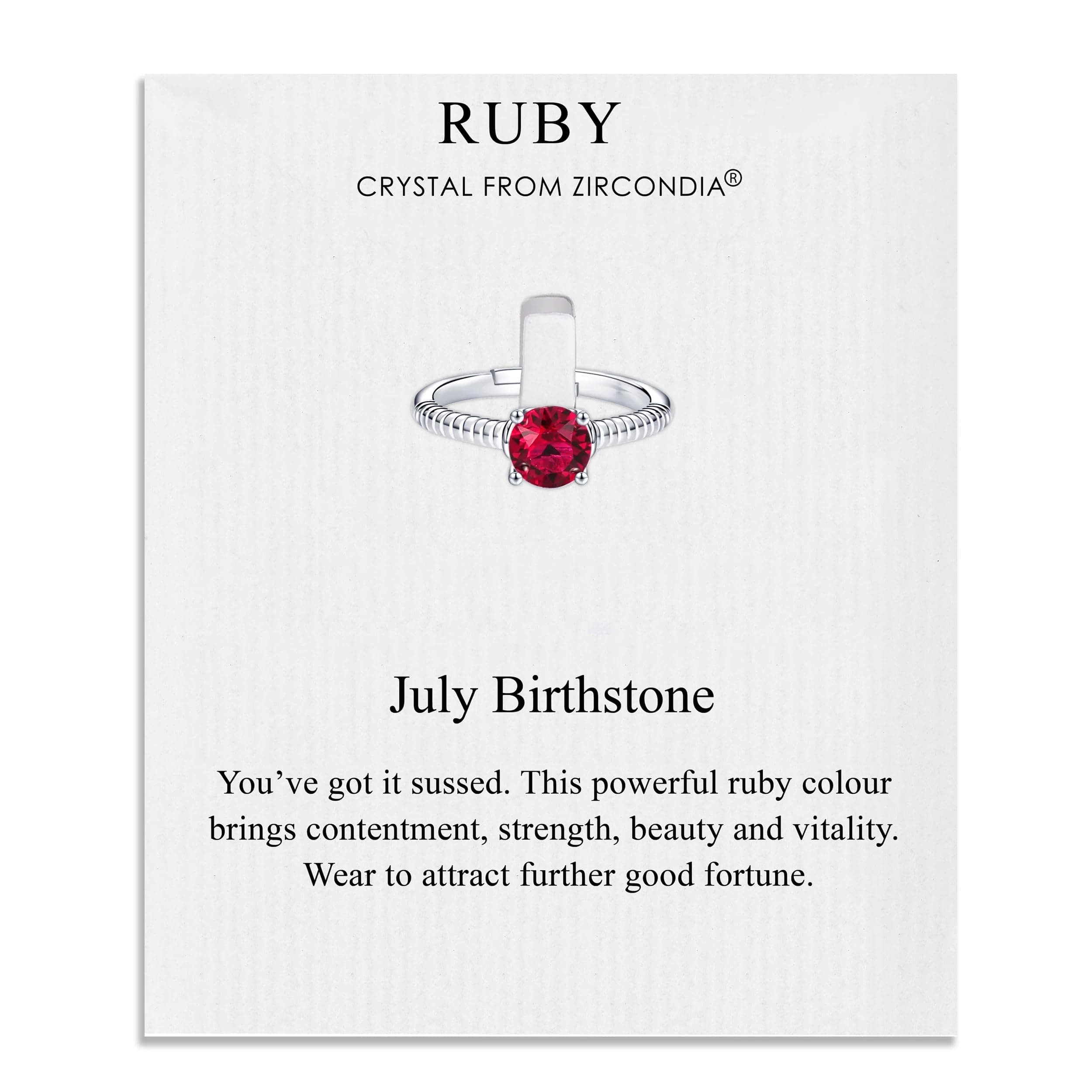 July (Ruby) Adjustable Birthstone Ring Created with Zircondia® Crystals, Adjustable, Silver, Zircondia Crystal