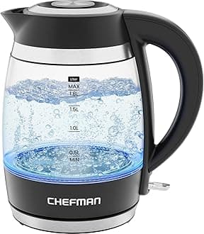 – Chefman Electric Kettle, 1.8L 3000W, Hot Water Boiler, Removable Lid for Easy Cleaning, Auto Shut Off, Boil-Dry Protection, Stainless Steel Filter, BPA Free, Borosilicate Glass Electric Tea Kettle