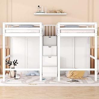 Double Twin Loft Beds with Storage Staircase and Wardrobes, Multi-Function Solid Wood Loft Beds Frame with Safety Guardrail for Kids Teens Adults, Maximize Space (White-DB)
