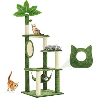 61" Large Cat Tree Tower for Indoor Cats with DIY Green Leaves Scratching Post Multi Soft Hang Ball Plush Cat House Furniture 360° Rotating Cat Scratch Board with Hammock, Light Green