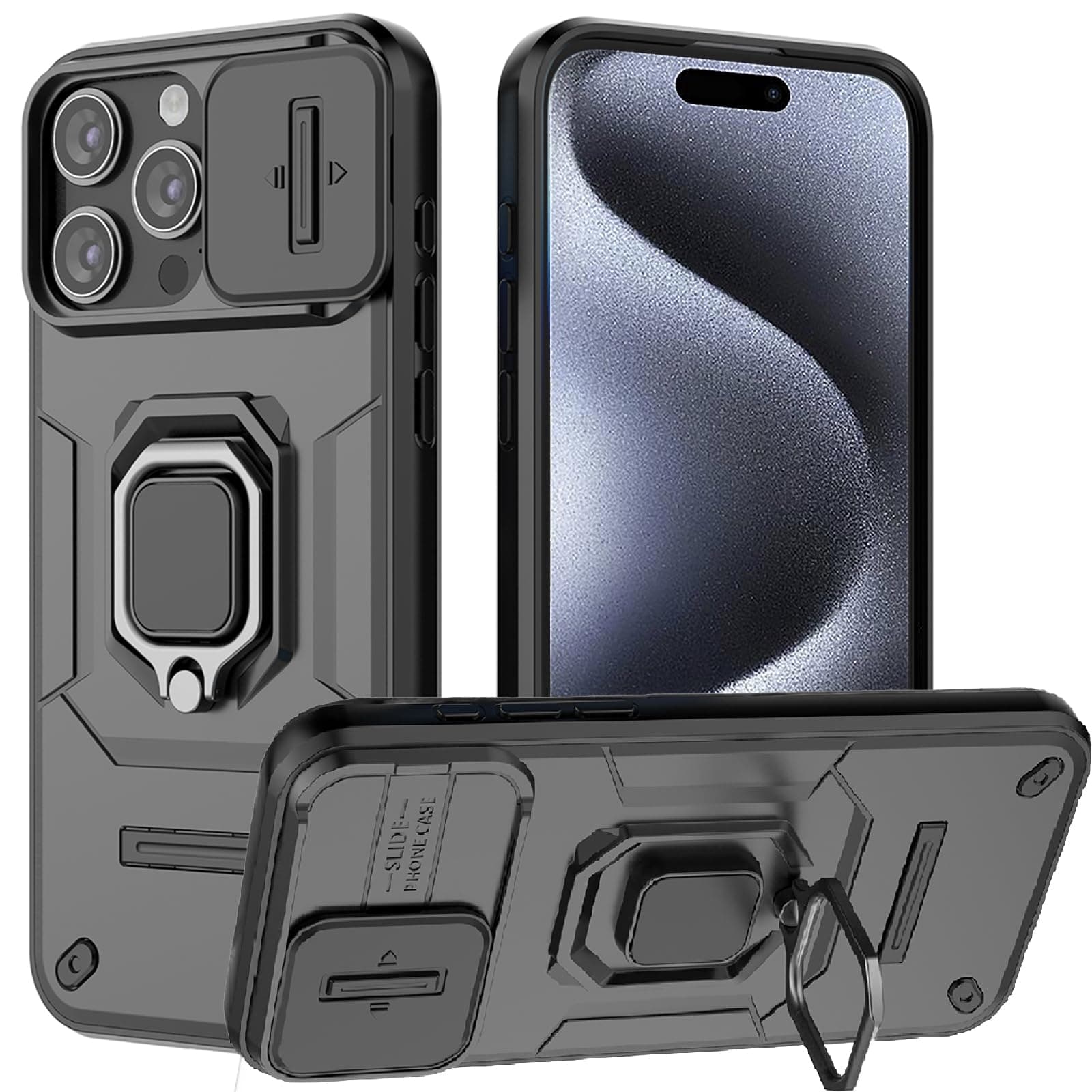 for iPhone 15 Pro Max Case with Sliding Camera Cover and 360° Rotate Ring Kickstand Heavy Duty Protective Shockproof Protective Phone Case for iPhone 15 Pro Max Cover,Black