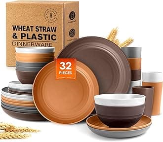 Teivio 32-Piece Kitchen Plastic Wheat Straw Dinnerware Set, Service for 8, Unbreakable Dinner Plate/Dessert Plate/Cereal Bowl/Cup, Outdoor Camping Dishes for Rustic Life/Country/Vintage, Farmhouse