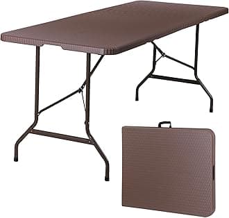 6FT Folding Table for Indoor Outdoor, Portable Heavy Duty Fold-in-Half Plastic Dining Picnic Party Camping Table with Carrying Handle, Brown