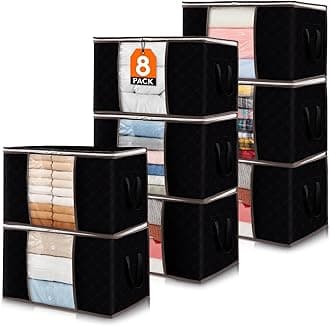 Lifewit 8 Pack Black Foldable Clothes Storage Bins with Lids, Reinforced Handles and Sturdy Zippers, 60L Capacity Each, 21.6 x 13.7 x 12.4 Inch, Non-woven Fabric, Ideal for Clothes and Bedding