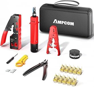 AMPCOM Ethernet Crimping Tool Kit, 8-in-1 Network Tool Kit for Pass-Through RJ45/RJ11, STP Cat7/6A & UTP Cat6/5E Connectors, Includes 110 Punch Down Tool & Wire Stripper, Portable Waterproof Bag