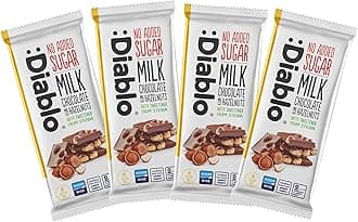 Diablo No Added Sugar Milk Chocolate with Hazelnuts – No Added Sugar Chocolate Bar, Sweetened with Stevia, Gluten Free, Ideal for Any Occasion, Birthdays, Valentines, or Gift Hampers, 75g (Pack of 4)