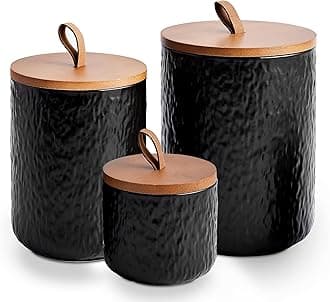 JOJUNO Black Ceramic Canister Set with Wooden Lid, 3-Piece Airtight Food Stor...