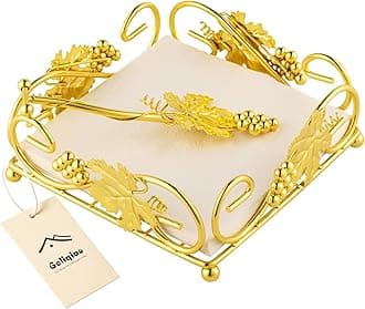 Flat Napkin Holder Gold With Weight Arm for Kitchen Courtertops Dinning Table Grape Leaf Modern Tissue Dispenser Stainless Steel Gilding (7" L X 7" W X 2.5" H)