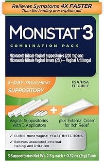 Monistat 3-Day Yeast Infection Treatment for Women, 3 Miconazole Vaginal Suppositories & External Itch Relief Cream (9g Tube) Combo Pack