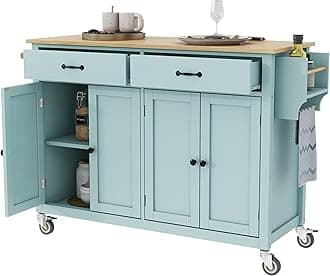 LUMISOL Kitchen Island Cart with Storage, Large Kitchen Island with Storage Cabinets and 2 Drawers, Rolling Kitchen Island with Solid Wood Top, Mint Green