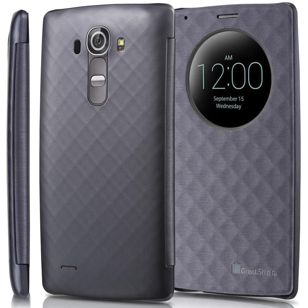 GreatShield LG G4 Case - [SHIFT LX] [Quick Circle Window Cut-Out] Diamond Pattern with Sleep/Wake Function Draw Bench PU Leather Flip Cover for LG G4 H815 2015 (Metallic Gray)