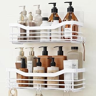 Shower Caddy Basket Shelf Storage Rack, No Drilling Wall Mounted Adhesive Rust Proof Stainless Steel Shower Organizer with 5 Hooks for Bathroom, White 2 Pack