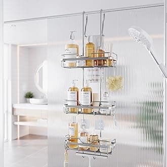 Skyapex Shower Caddy Over the Door Organizer: Bath Rack Hanging Over Glass with Hooks - Storage Shelf Inside Bathroom for Shampoo - Sliver