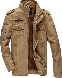 KEFITEVDMen's Winter Fleece Jacket Warm Cargo Stand Collar Military Thicken Cotton Jackets Coat