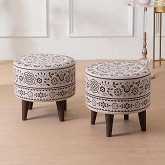 HOME 360 Floral Pattern Printed Fabric & Wooden Ottomans Footstools | 40X40X38 CM | Pouffe for Sitting and Footrest | Furniture for Home Decor | Dressing Table Stool | Living Room | Set of 2 | Brown