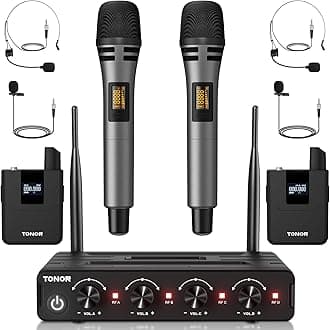 TONOR UHF Microphone Wireless Set with Handheld Microphone/Bodypack Transmitter/Headset Wireless Microphone/Lavalier Wireless Microphone, 4 x 5 Frequencies, 60 m Range for Vocals Karaoke PA System