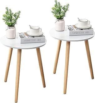 Apicizon Round Side Table Set of 2, White Nightstand Coffee End Table for Living Room, Bedroom, Small Spaces, Modern Home Decor Bedside Table with Natural Wood Legs, 16.5 Inches