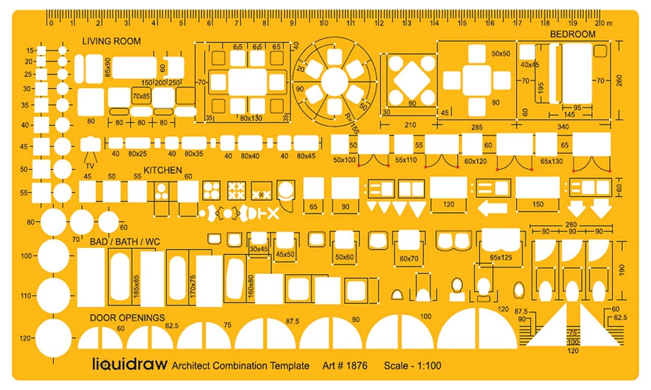 Liquidraw 1:100 Architectural Scale Ruler | House Interior Floor Plan Template | Technical Architect Drafting Tool | Contains Furniture & Fixtures Symbols for Kitchen, Bathroom & More | 1.5mm Thick