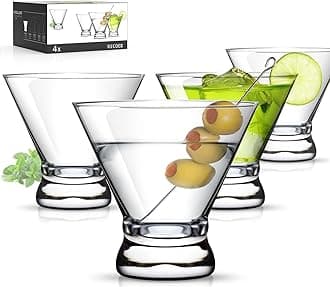 Martini Glasses Set of 4, Stemless Martini Cocktail Glasses for Margarita, Manhattan, Cosmopolitan, Home Bar, Evening Parties, Birthdays, Housewarming Gift, Crystal Clear 8 OZ