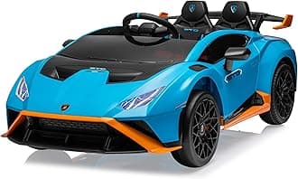 Track Seven 24V Kids Electric Ride-On Drift Car, Licensed Lamborghini Huracan STO, 360° Spin, Drift Feature, Two-Point Safety Belt, LED, Music, USB (Blue)