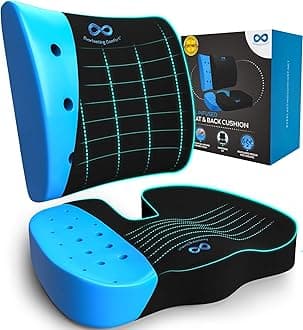 Everlasting Comfort Memory Foam Seat Cushion and Lumbar Support Pillow Combo - Gel Infused and Ventilated Office Desk Chair and Car Tailbone, Coccyx, Sciatica, Back Pain Relief Orthopedic Pad (Black)