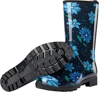 HISEA Women's Rain Boots Waterproof Rubber Rain Shoes for Ladies Mid Calf Garden Boots with Comfort Insole, Blue Flower, 9