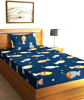 Home Sizzler Cartoon 144 TC Microfibre Kid's Fishes Single Bedsheet with 1 Pillow Cover, Blue