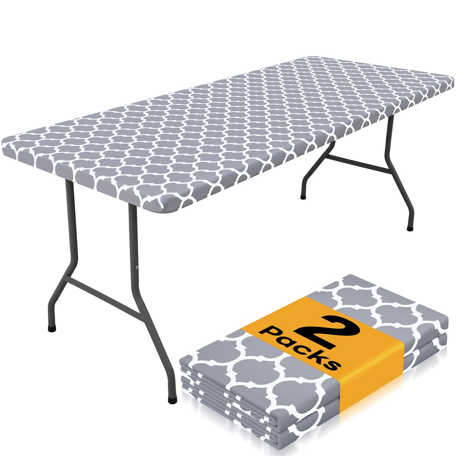Smiry 2 Pack Rectangle Table Cloth 6 Foot, Waterproof Elastic Fitted Tablecloths, Windproof Washable Polyester Table Cover for Picnic, Camping, Outdoor (Grey, 30"x72")