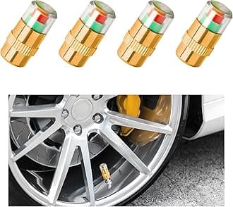 4PCS Car Tire Pressure Monitor Valve Stem Caps, 3 Colors Alarm Tire Indicator Valve Stem Leak Monitor, 2.4Bar 36PSI Tire Pressure Caps for Car Truck Bicycle Motorcycle (Golden)