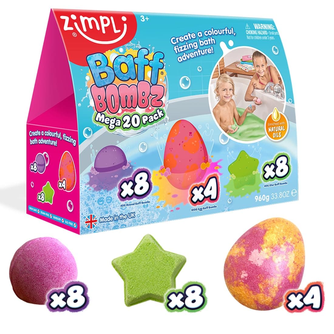 Kids 20 x Bath Bombs Mega Value Pack from Zimpli Kids, Create a Colourful, Fizzing Time Adventure, Fizzers Gift Set for Children, Birthday Presents Boys & Girls, Organic, Moisturising, Vegan