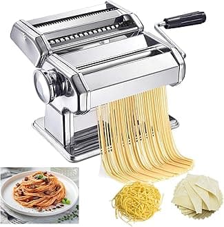 Pasta Rolling Machine, Pasta Machine, 7 Adjustable Thicknesses with 2 Blades, Manual Pasta Rollers with Crank and 2 Cutting Widths for Pasta, Macaroni and Lasagna