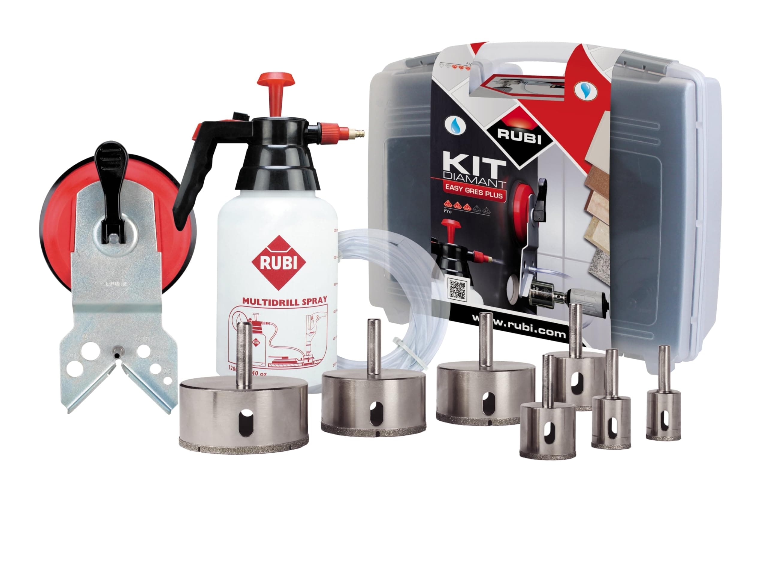 Rubi KIT Easy GRES Plus – Complete Diamond Drill Bit Set with MULTIDRILL Guide, Water Tank, and 7 Precision Bits for Ceramic Tiles, Marble, Granite, and Glass – Professional Grade Tool Kit