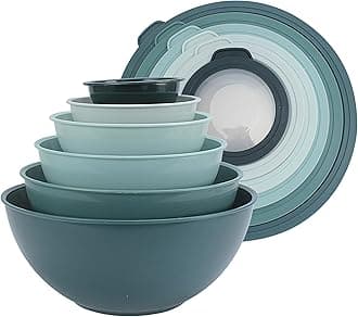 Mixing Bowls with TPR Lids - 12 Piece Plastic Nesting Bowls Set includes 6 Prep Bowls and 6 Lids, Microwave Safe Mixing Bowl Set (Teal)