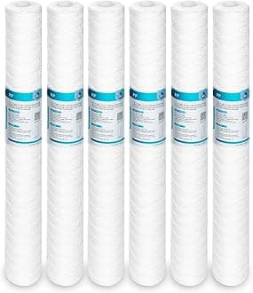 Membrane Solutions 1 Micron 2.5" OD x 20" Length Sediment Water FilterString Wound Polypropylene Cartridge for Whole House Filter Systems - 6 Pack