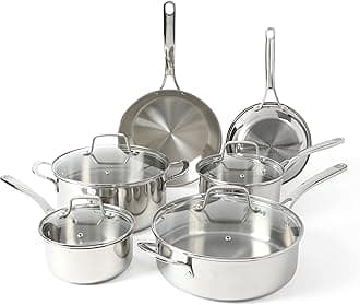 Castelle 10 Piece 18/8 Durable Stainless Steel Induction Safe Non-Toxic Triply Bottom Kitchen Pots and Pans Cookware Set - Dishwasher Safe
